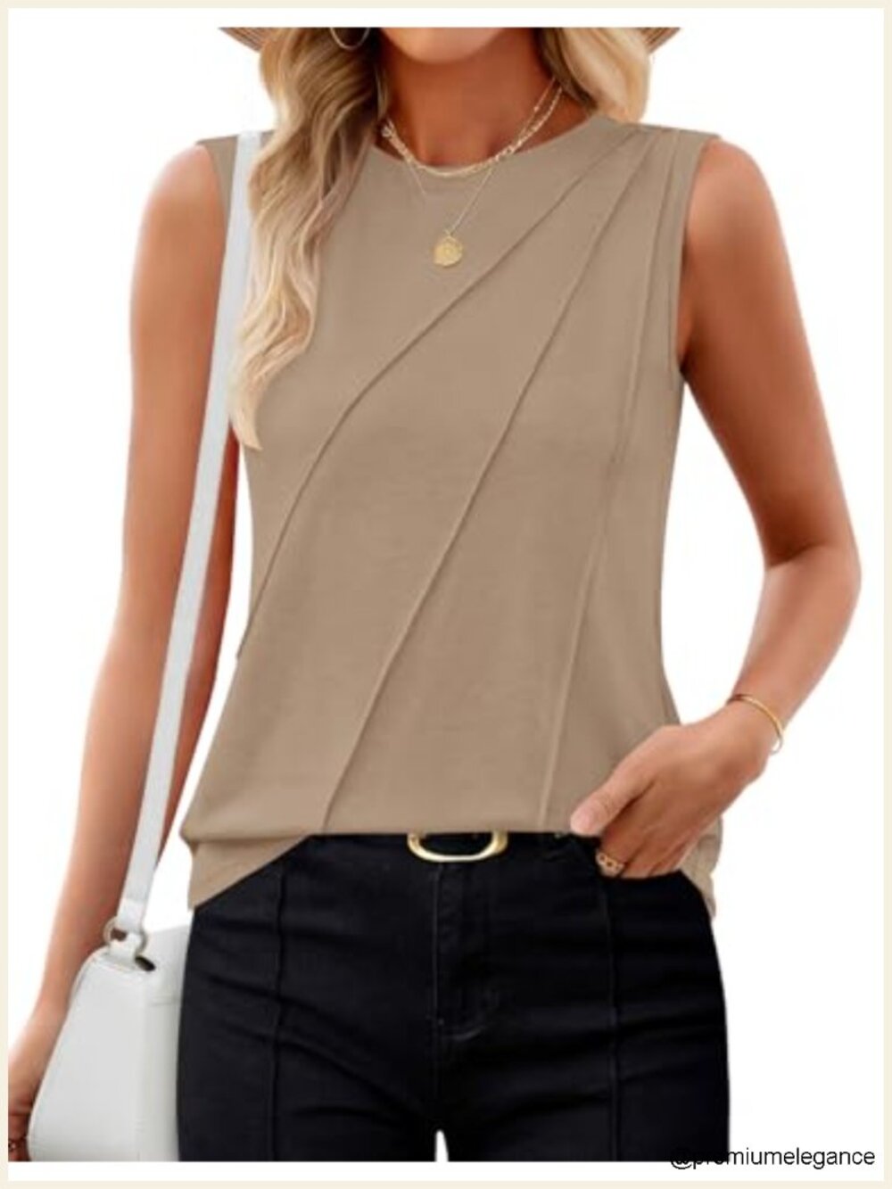 Sleeveless Pleated Tank Top - Womens Summer Crewneck Business Casual